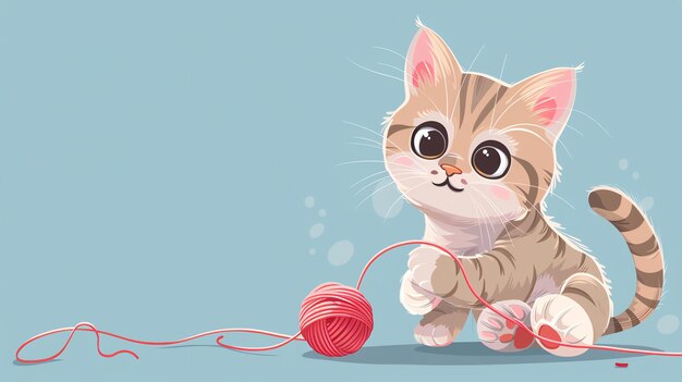 Cute cartoon kitten playing with a ball of red yarn