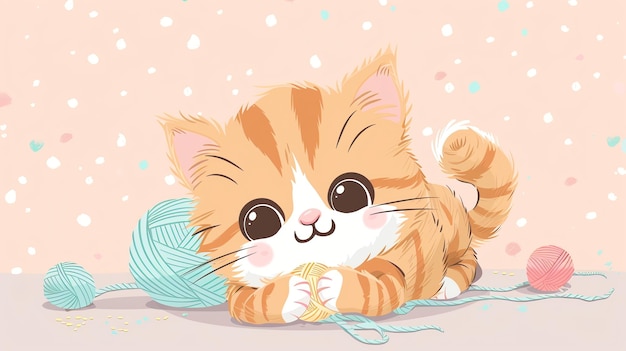 Photo a cute cartoon kitten plays with a ball of yarn