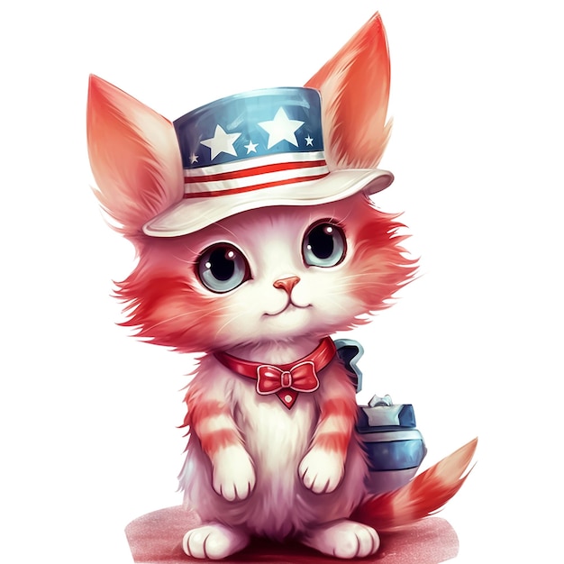 Cute cartoon kitten with American flag Watercolor Clipart on white background USA Day