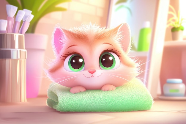 Cute cartoon kitten with big eyes relaxing in a colorful spa setting AI