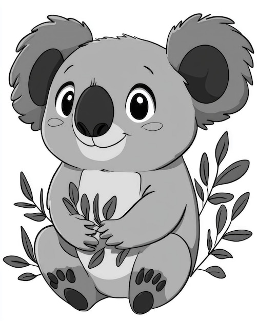 Photo cute cartoon koala bear sitting with leaves in black and white