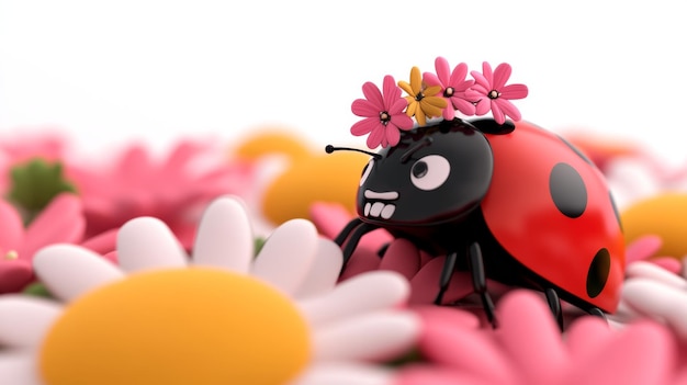 Photo cute cartoon ladybug with flower crown in a field of daisies