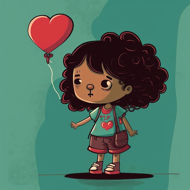 Cute Cartoon Latino Girl with Heart Balloon and Room for Copy