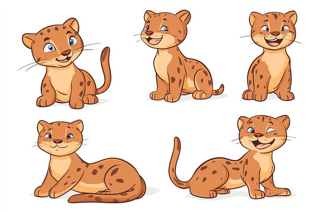 Photo cute cartoon leopard cub poses set