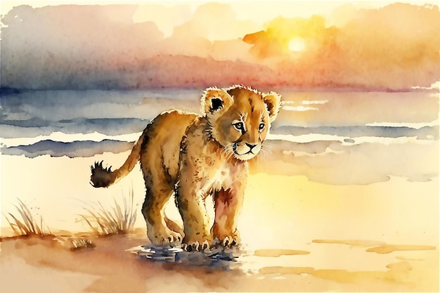 Cute cartoon lion baby on beach Summer vacation Watercolor illustration Generated AI