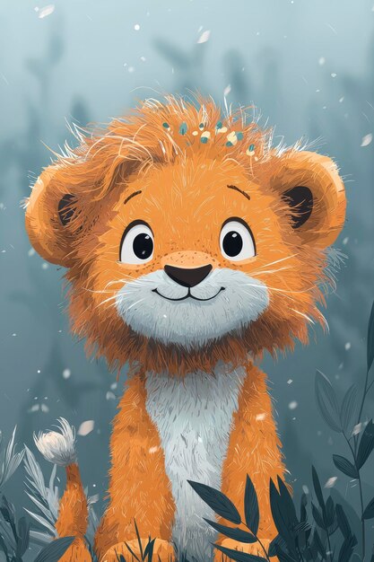 Photo cute cartoon lion cub with big eyes in a forest setting