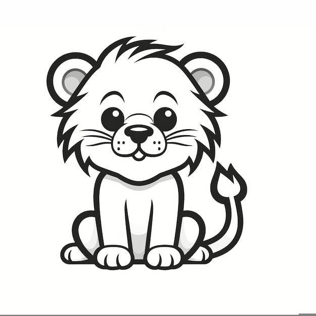 Photo cute cartoon lion svg in monochrome black outline graphic style