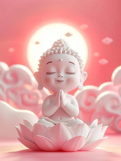 Cute cartoon little Buddha sitting on a lotus flower smiling with closed eyes and hands folded