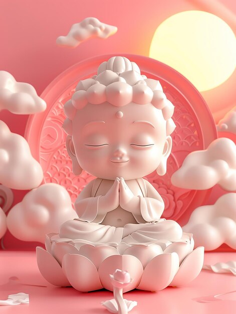 Cute cartoon little Buddha sitting on a lotus flower smiling with closed eyes and hands folded