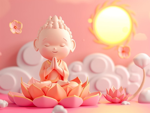 Cute cartoon little Buddha sitting on a lotus flower smiling with closed eyes and hands folded