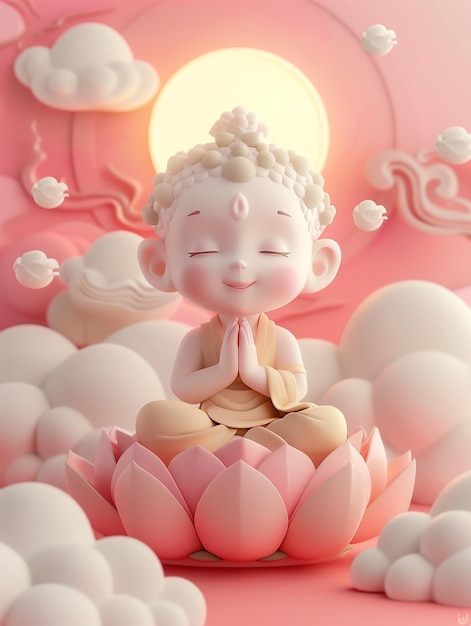 Cute cartoon little Buddha sitting on a lotus flower smiling with closed eyes and hands folded