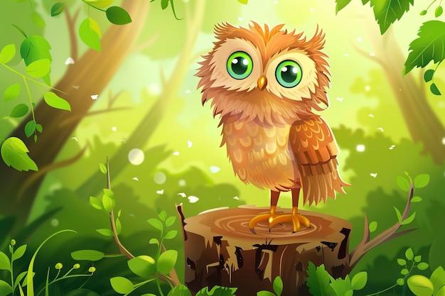 A Cute cartoon little owl sitting on a stump