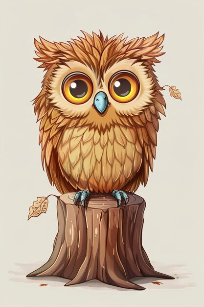 A Cute cartoon little owl sitting on a stump