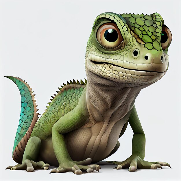 Cute cartoon lizard character 3D animation on white background