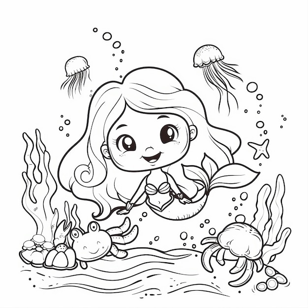 A Cute Cartoon Mermaid Surrounded by Sea Creatures Coloring book line art design vector illustration