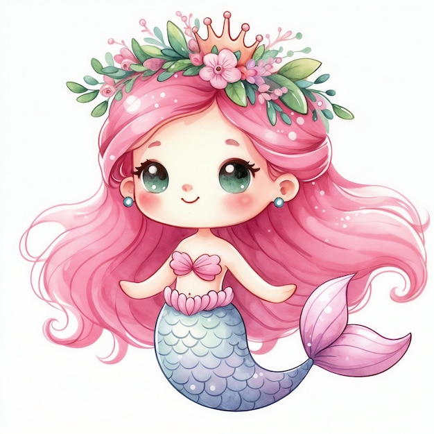 Cute cartoon mermaid on white background AI