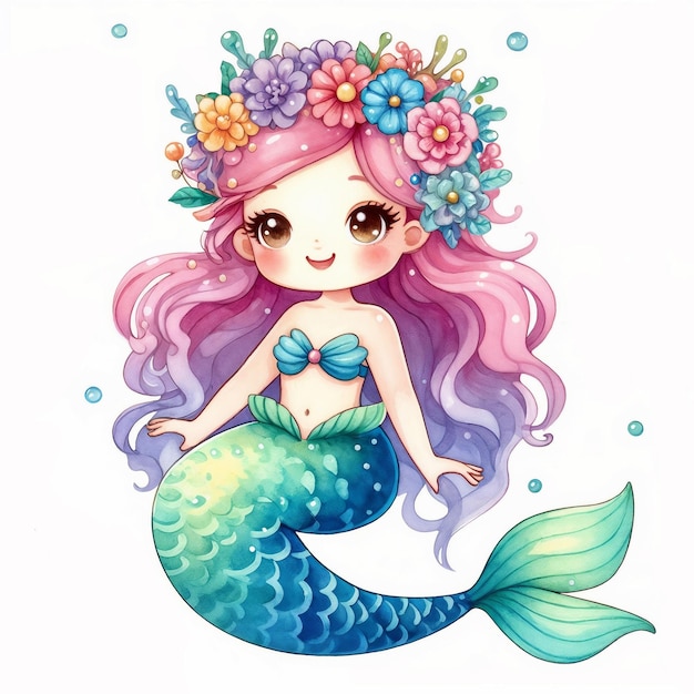 Cute cartoon mermaid on white background AI