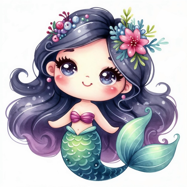 Cute cartoon mermaid on white background AI