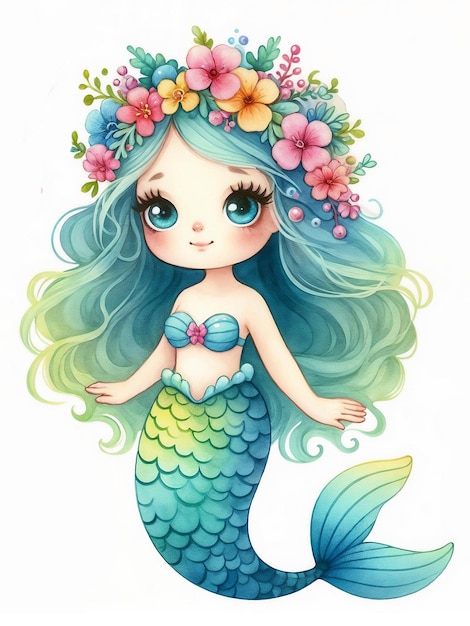 Cute cartoon mermaid on white background AI