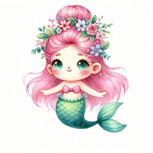 Photo cute cartoon mermaid on white background ai