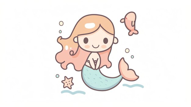 Photo a cute cartoon mermaid with pink hair a green tail and a fish swimming beside her