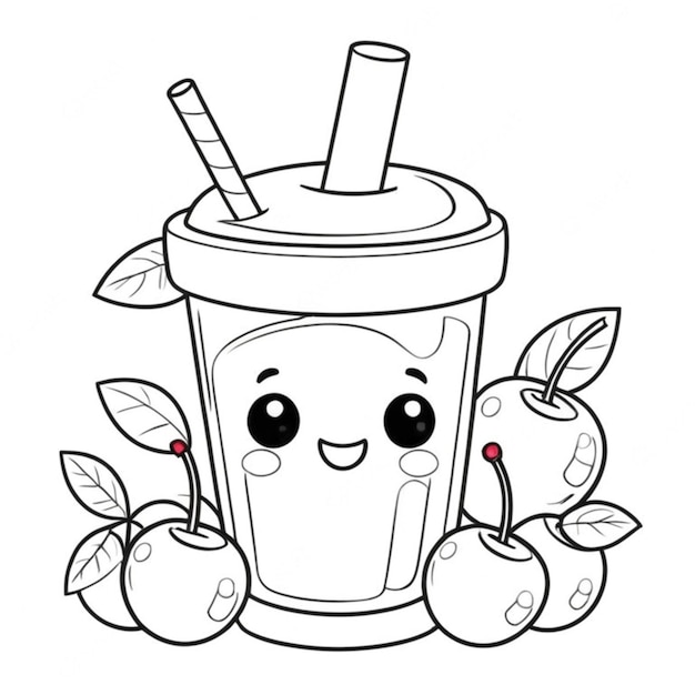 cute cartoon mix cherries soda drink line art white background