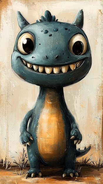 Cute Cartoon Monster with Big Eyes and Grinning Smile