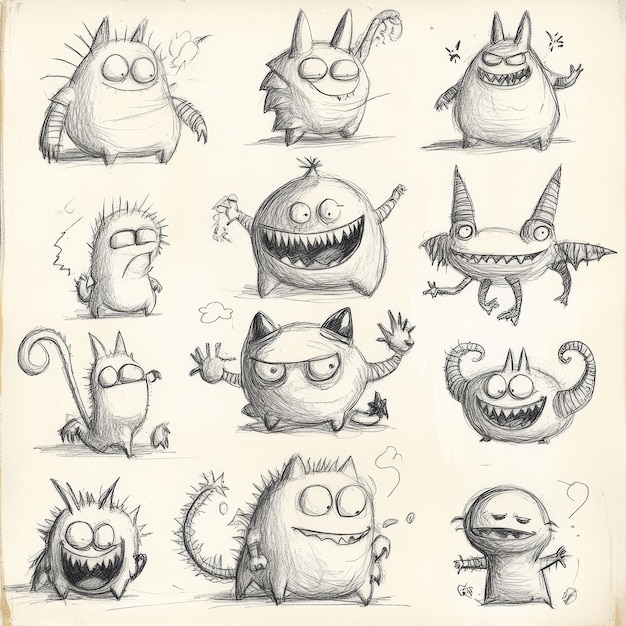 Photo cute cartoon monsters set of hand drawn monsters vector illustration