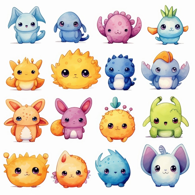 Photo cute cartoon monsters in various colors and poses