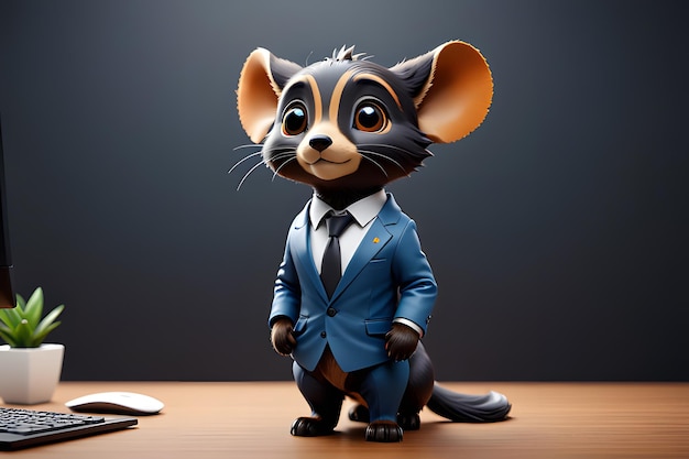 Cute cartoon mouse wearing a blue suit and tie standing on a desk in an office Concept of business work success leadership