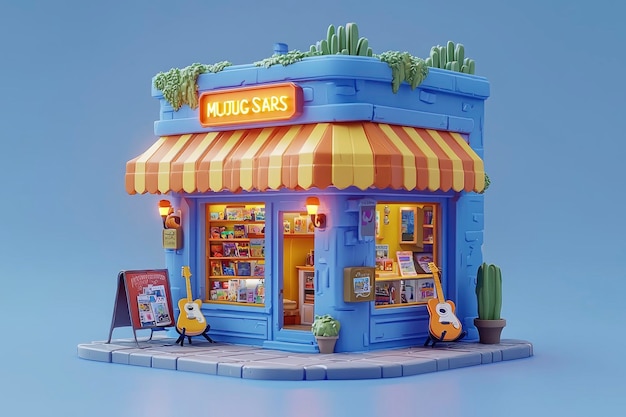 Cute Cartoon Music Shop with Guitars and Records