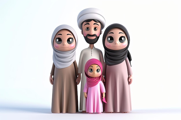 Photo cute cartoon muslim family 3d render isolated on white background