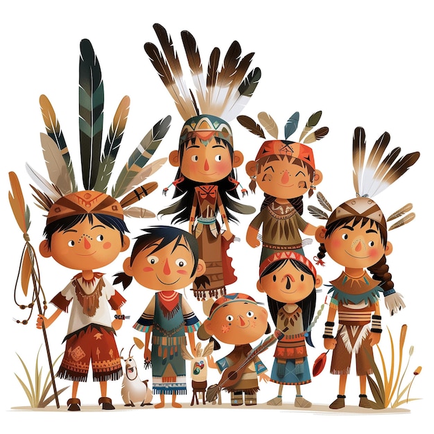 Photo cute cartoon native american tribe members in traditional tribal costume