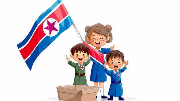 Photo a cute cartoon north korean girl and boy holding flag for celebrating independence day