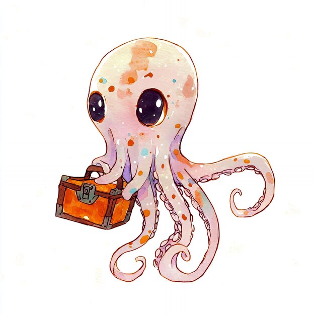 Cute Cartoon Octopus Holding a Treasure Chest