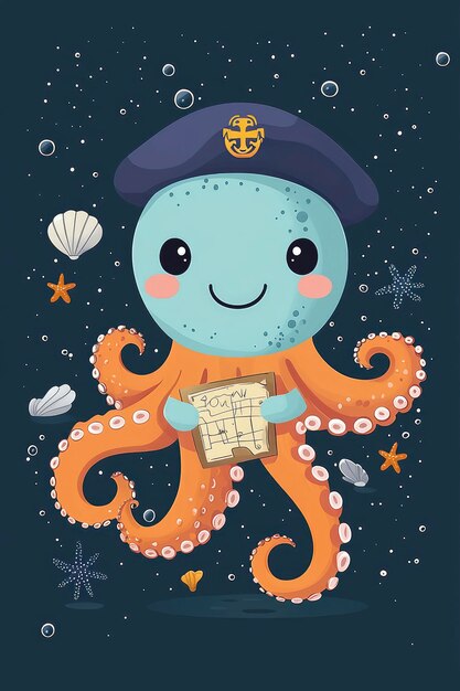 Photo cute cartoon octopus sailor holding a treasure map