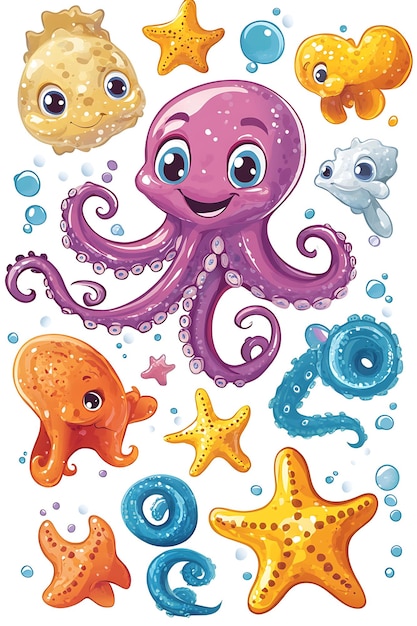 Cute Cartoon Octopus and Sea Creatures Illustration