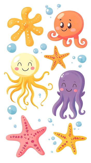 Cute Cartoon Octopus and Starfish Sea Life Clipart Illustration