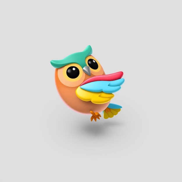 Photo cute cartoon owl in flight with colorful wings