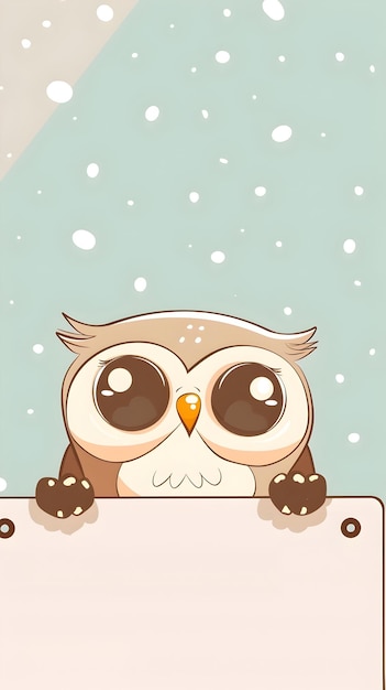 Photo cute cartoon owl peeking from snowy winter background with dots