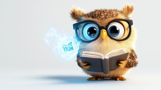 Photo cute cartoon owl reading a book with glasses and magic spell