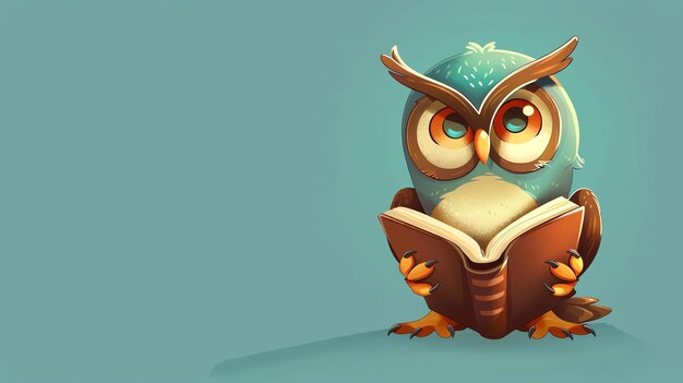 Photo cute cartoon owl reading a book