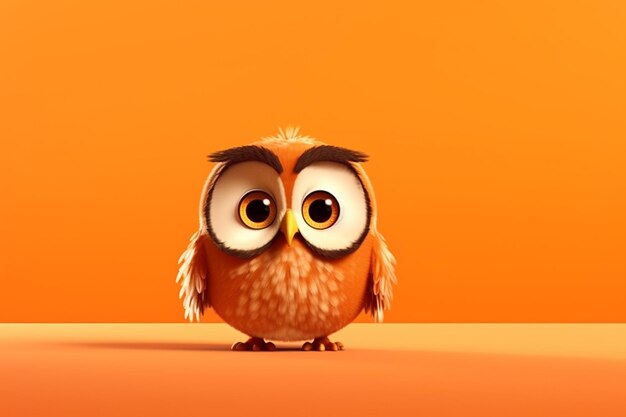 Cute cartoon owl with big eyes on orange background 3d rendering