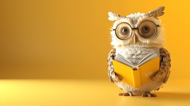 Photo a cute cartoon owl with glasses reading a book on a yellow background