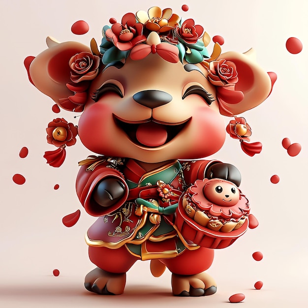 Photo cute cartoon ox in traditional chinese clothing for lunar new year