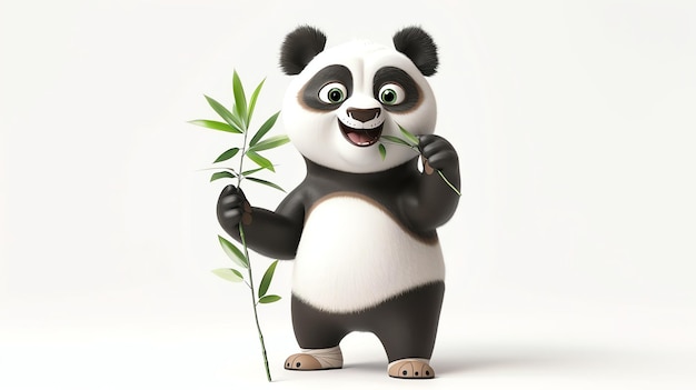 A cute cartoon panda bear eating bamboo