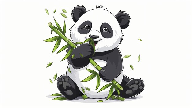 A cute cartoon panda bear is happily eating a stalk of bamboo