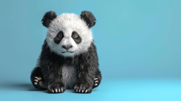 A cute cartoon panda bear sitting on a blue background