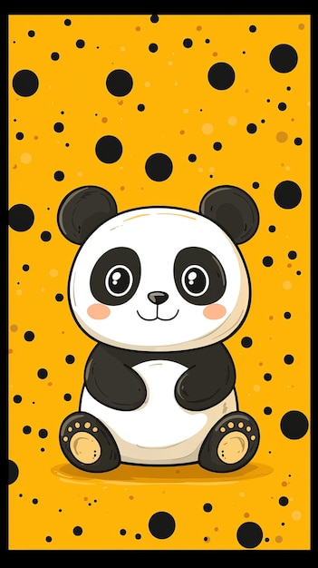 Photo cute cartoon panda bear sitting on yellow background with black dots