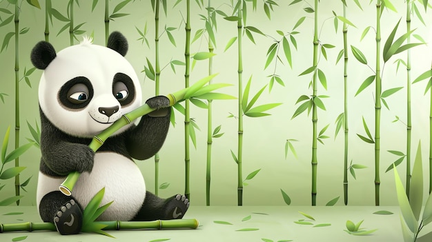 Cute cartoon panda eating bamboo